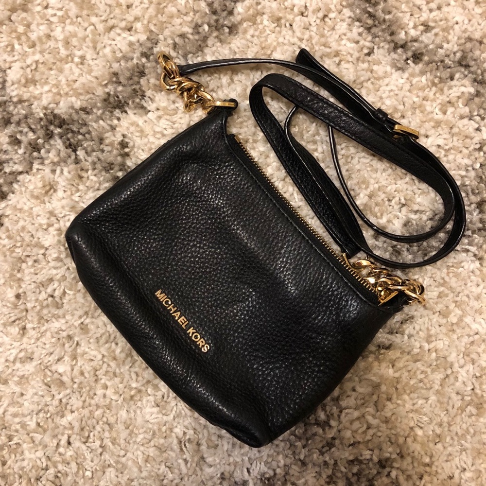 MK black crossbody with gold chains